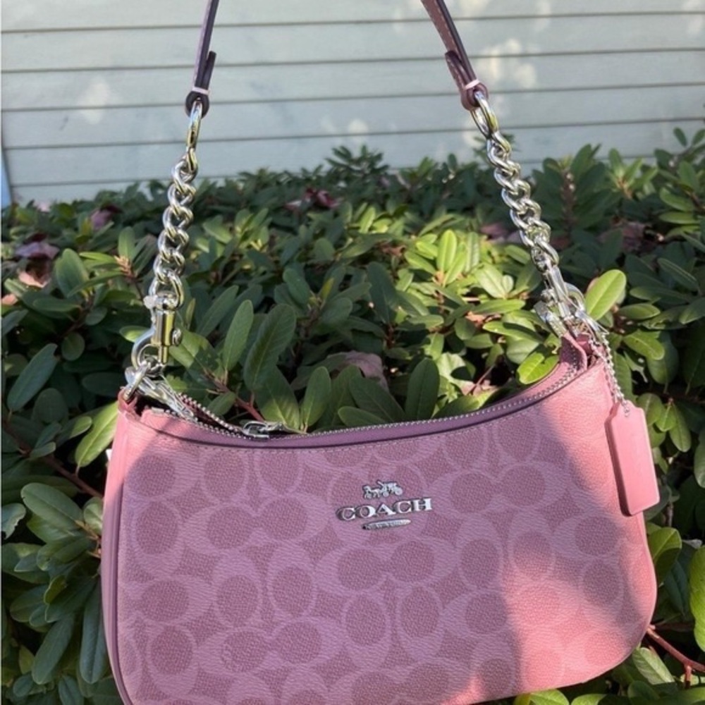 COACH Pink Signature Small Shoulder Bag with Mixed-Metal Chain - Picture 2 of 6